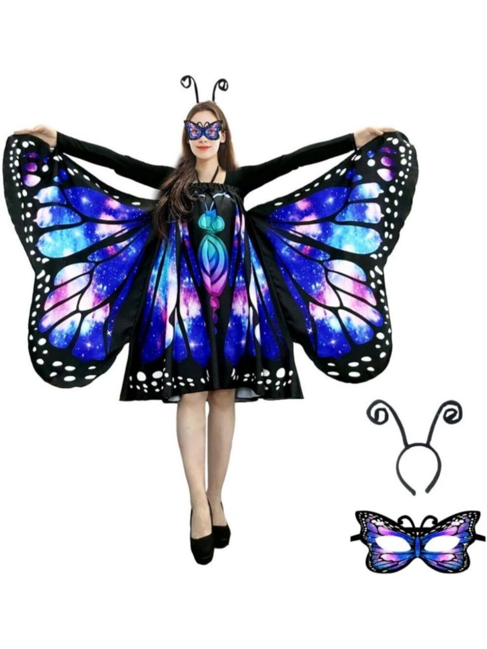 🎃Women's Sky Blue Halloween Wings Cape Flowy Long Dress Butterfly Costumes